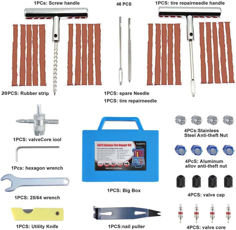 TILIBOTE Tire Repair Kit,46pcs Heavy Duty Tire Plug Kit, with Universal Tire Patch Kit to Plug Flats for Car/Motorcycle/Truck/Tractor/Trailer/RV/ATV - Image 2